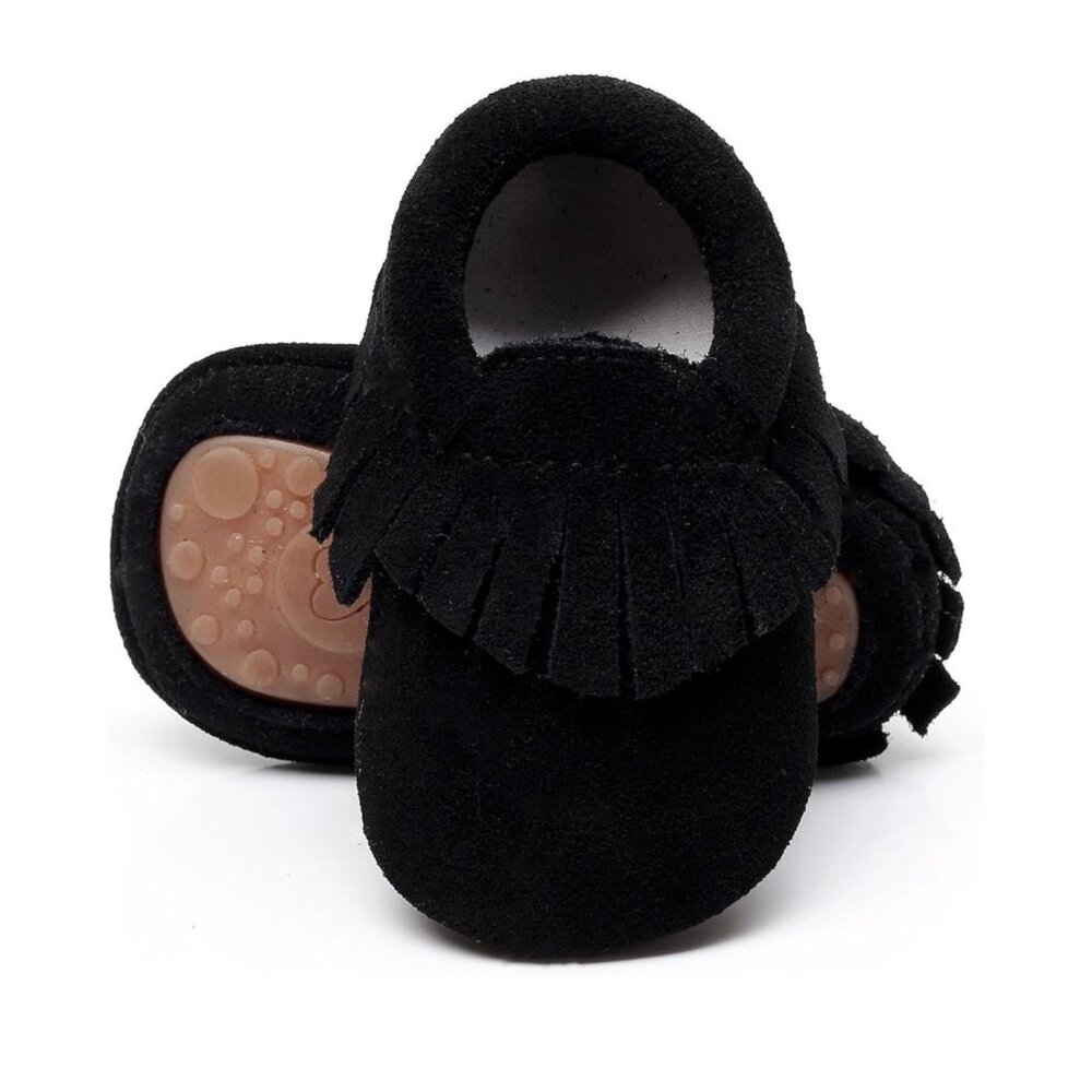 Baby Moccasins Soft Suede Fringe Non-Slip Black, 4T